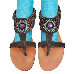 Steve Madden Size 9 Vintage 90s Luxe Brown Suede Beaded Gemstone Flat Sandals